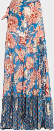 Etro Ruffled Slit Metallic Silk Maxi Skirt