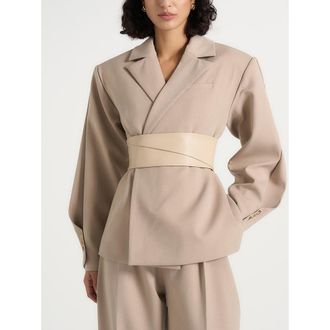 Mani&egrave;re De Voir Marie Twist Sleeve Blazer with Belt in Beige at Nordstrom, Size 10