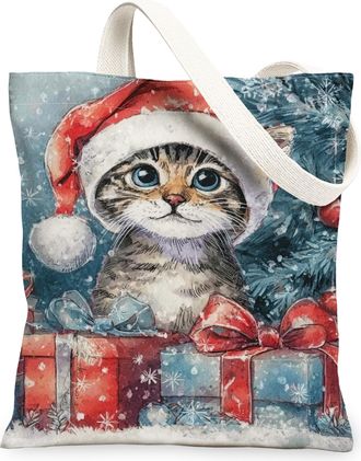 Generic Christmas Cat Canvas Tote Bags, Adorable Feline Holiday Design Reusable Grocery Bags, Festive Lightweight Washable Shoulder, Multicolor, 13x15 Inch