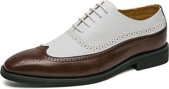 Generic Dress Formal Shoes for Men Lace Up Two Tone Brogue Embossed Wing tip PU Leather Block Heel Anti-Slip Low Top Non Slip Prom(Brown,5.5 UK)