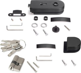 Emuca Kit Cerradura Y Cerradero Para Puerta Doble De Cristal, Puerta Vidrio 8-12mm, Acero Y Aluminio, Pintado Negro - Emuca