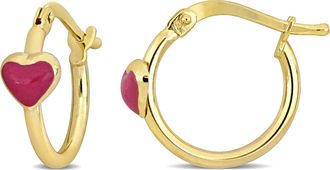 Mimi & Max 15mm Pink Enamel Heart Hoop Earrings in 14k Yellow Gold