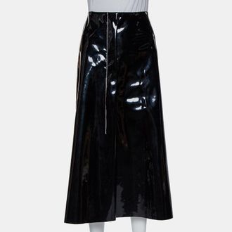 Marni Black Faux Patent Leather Hanging Thread Detail Midi Skirt