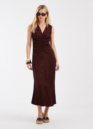 & Other Stories Vestito lungo arricciato sul davanti marrone cioccolato con scollo a V