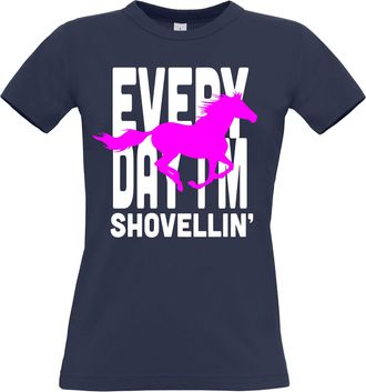 Edward Sinclair Medium Navy Womens Fitted T Shirt Everyday Im Shovellin in White & Hot Pink Print