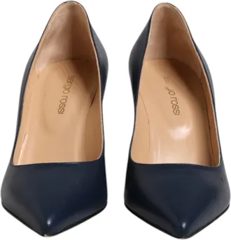 Sergio Rossi Blue Leather Pointed Toe Block Heels Womens Shoes (Pre-Owned)