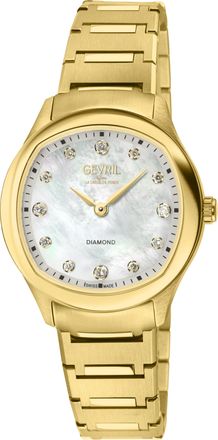 Gevril Group Womens Morcote Swiss Diamond Watch, 316L SS/IPYG Case, White MOP, IP Gold bracelet
