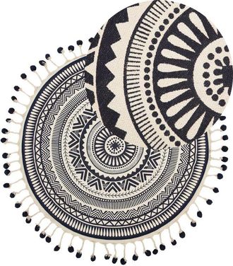 Beliani Beliani - Alfombra De Sal&oacute;n De Algod&oacute;n Crema Con Borlas Redondas &Oslash; 120 Cm Crema Azul Marino Tatvan