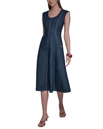 Halston Heritage Denim Scoop Neck Sleeveless Midi Dress