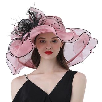 Generic Floral Organza Wedding Hats Womens Bride Wide Brim Sun Hat Ladies Summer Church Gauze Cap for Bridal Party Elegant Large Ladies Fedoras Holiday Pink O