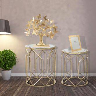 Dmora Set De 2 Mesas De Centro Gamalema, Forma Redonda, Tapa Transparente, 42x42x53h Cm, Oro