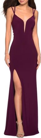 La Femme Sultry Long Dress with Intricate Strappy Back in Dark Berry at Nordstrom, Size 10