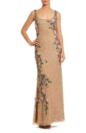 Mac Duggal Embellished Mesh Gown with Scoop Neck and Floral Beading in Gold Multi at Nordstrom, Size 10