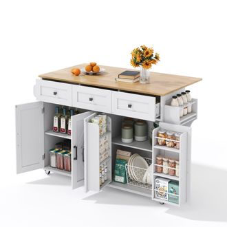 STILVORA Carro De Cocina Con 4 Puertas 3 Cajones Encimera Abatible Toalleros Y 5 Ruedas Con Freno, Mdf, Blanco Natural