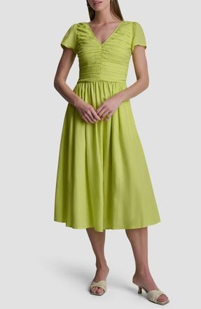 DKNY Ruched Bodice Linen Blend Midi Dress in Limeade at Nordstrom, Size X-Small