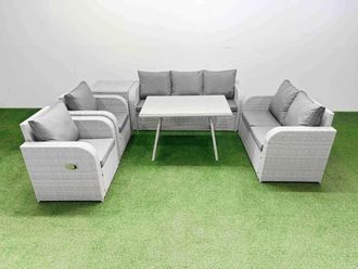 Fimous Outdoor Rectangular Table Sofa Set with Reclining Chair Side Table in Light Grey
