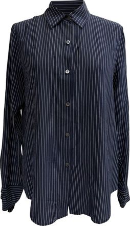 Theory Tie Cuff Striped Blouse in Navy Blue Silk