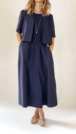 Elliott Lauren Rib Knit Woven Combo Dress In Navy
