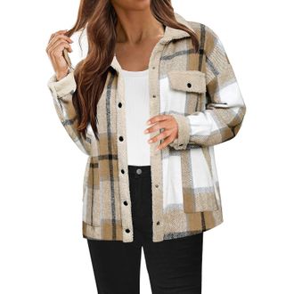 Generic Women Plaid Shacket Jacket Sale Clearance Button Down Fleece Jackets Winter Warm Coat Sherpa Lined Long Sleeve Outwear Teddy Bear Coats Ladies Wool Bl