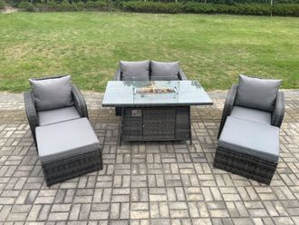 Fimous Rattan Outdoor Garden Furniture Sofa Set Gas Fire Pit Dining Table Gas Heater with Love Sofa 2 Big Footstool Dark Grey Mixed