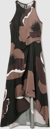 Reiss Brown Satin Floral Tuck Midi Dress, 6