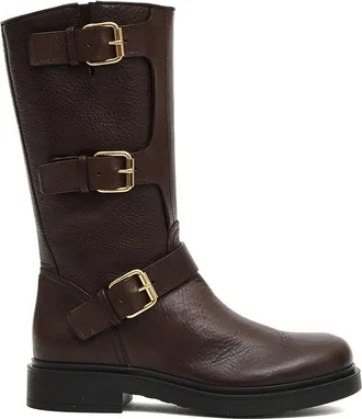 AGL Mid-Calf Leather Boots With Three Adjustable Buckles And Sturdy Sole