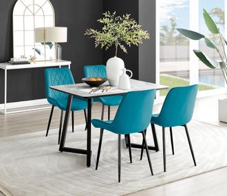 Furniturebox Carson White Marble Effect Dining Table & 4 Pesaro Black Leg Chairs in Blue