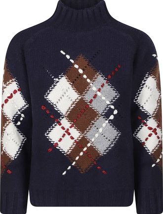 Ermanno Scervino Rich Blue Argyle Pattern Wool Turtleneck Sweater