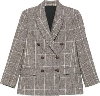 Brunello Cucinelli Bruin Geruit Dubbelborstig Jas - Dames - Blazers - Grijs - L - Jassen
