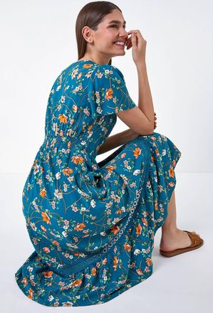 Roman Floral Lace Trim Pocket Midi Dress