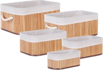 Beliani Conjunto De 5 Cestas De Madera De Bamb&uacute; Clara Blanco Asas Varios Tama&ntilde;os Talpe