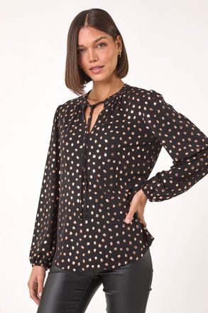 Roman Spot Print Foil Tie Neck Top
