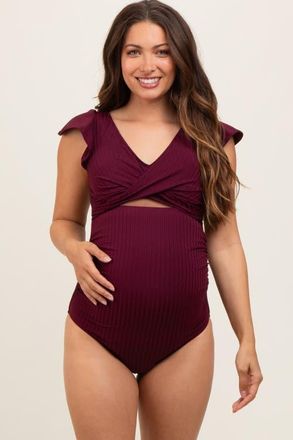 Pinkblush Ribbed Ruched Cutout Flutter One Piece Maternity Swimsuit in Plum at Nordstrom, Size Large