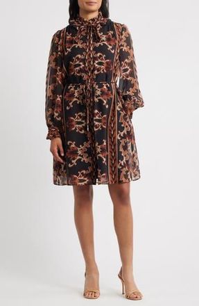 Julia Jordan Florentine Print Long Sleeve Tie Neck Shirtdress in Black Multi at Nordstrom Rack, Size X-Small