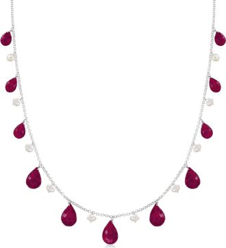 Ross-Simons Ruby and Cultured Pearl Drop Necklace in Sterling Silver