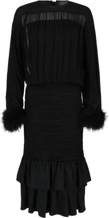Valentino Ruched Georgette Midi Dress with Feather Cuffs