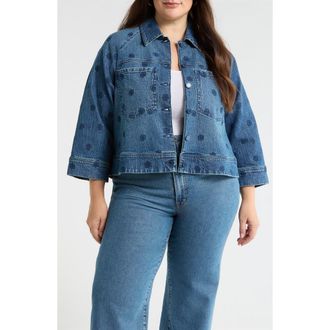 Wit & Wisdom Floral Embroidery Crop Denim Jacket in Blue at Nordstrom, Size 1 X