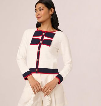 Adrianna Papell Long Sleeve Contrast Tipped Bow Sweater In Ivory Navy Red
