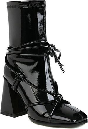 Generic Womens Square Toe Chunky Block Heel Ankle Boots with Lace Up Bowknot Pull On Fashion Wedding Dating Shoes (Black,5.5)