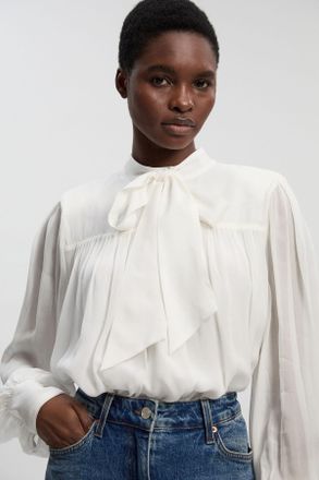 Karen Millen Womens Viscose Georgette Printed Pussybow Woven Blouse - White - Size 12 UK