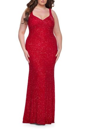 La Femme Fitted Stretch Sequin Plus Size Dress with V-Neck in Red at Nordstrom, Size 18W
