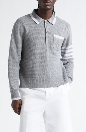 Thom Browne Relaxed 4-Bar Textured Stitch Linen & Cotton Polo Sweater in Light Grey at Nordstrom, Size 2