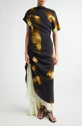 Proenza Schouler Antonella Asymmetric Floral Print Stretch Cady Dress in Black Multi at Nordstrom, Size 4