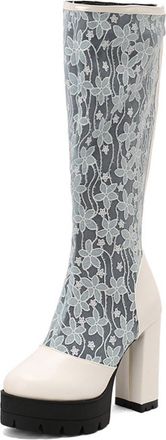 Generic Womens High Heeled Long Boots with Zipper PU Leather Knee High Boots Round Toe Platform Boot,Blue,10.5 UK