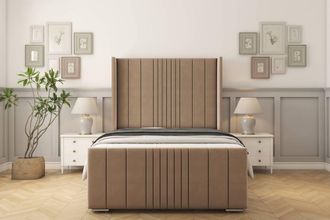 Sloomy Hargrave Plush Bed Frame With 50 Upholstered Wingback Headboard in Taupe | Size: Super King