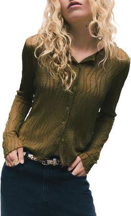 Next Wavy Pintuck Pleat Mesh Button-Up Top in Green at Nordstrom, Size 10 Us