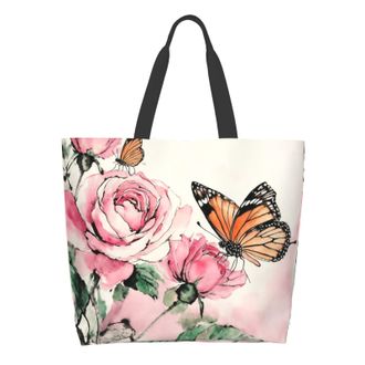 Generic Cafl Watercolor Roses Butterflies Tote Bag Large Reusable Shoulder Bag Eco-friendly Beach Portable Storage Handbag Convenient for Women Gym Travel Sho