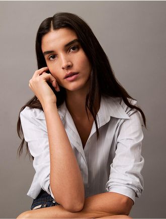 Calvin Klein Womens Stretch Poplin Stripe Relaxed Button-Down Shirt - Blue - XS