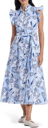 Robert Graham Sadie Shell Print Cap Sleeve Cotton Shirtdress in Blue at Nordstrom Rack, Size 10
