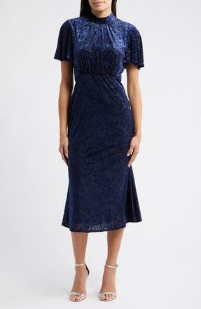 Julia Jordan Velvet Burnout Short Sleeve Midi Dress in Navy at Nordstrom Rack, Size 14